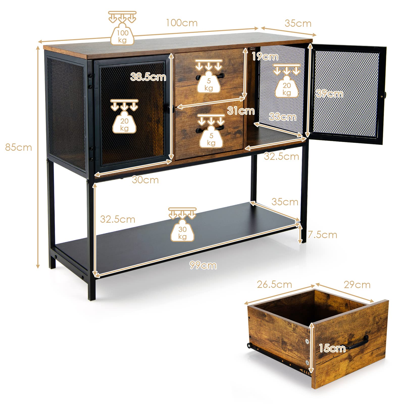COSTWAY Aparador con 2 Cajones Extraíbles y Repisa Inferior, Mueble Multifuncional para Salón Comedor, Armario de Cocina, Marrón Rústico 100 x 35 x 85 cm