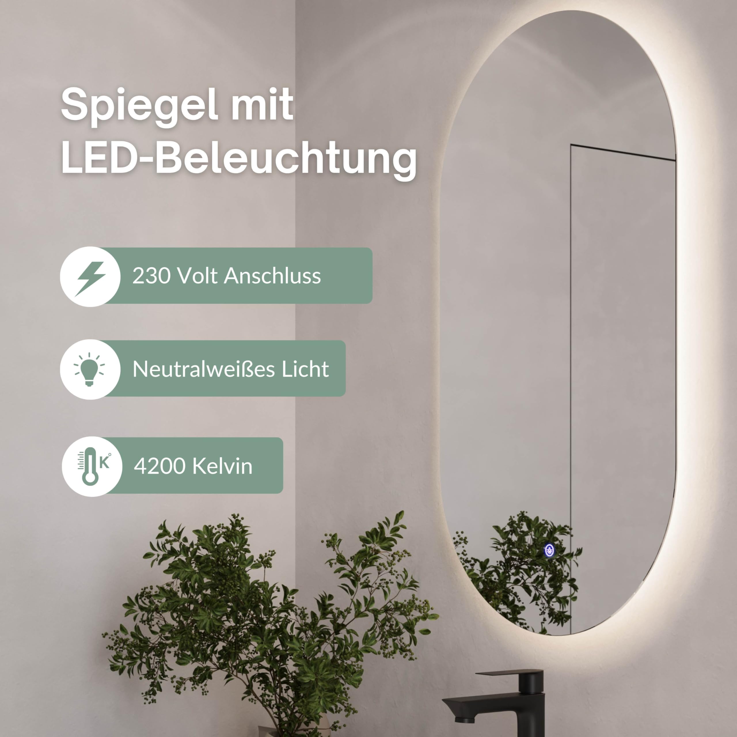 Planetmöbel Badmöbel Set Waschtisch mit Unterschrank 56 x 55 x 30 cm weiß & Gold Eiche, Badspiegel mit Beleuchtung, 50,7 x 90,7 cm, Rahmenlos, oval, 2 Lichtstufen, Touchschalter