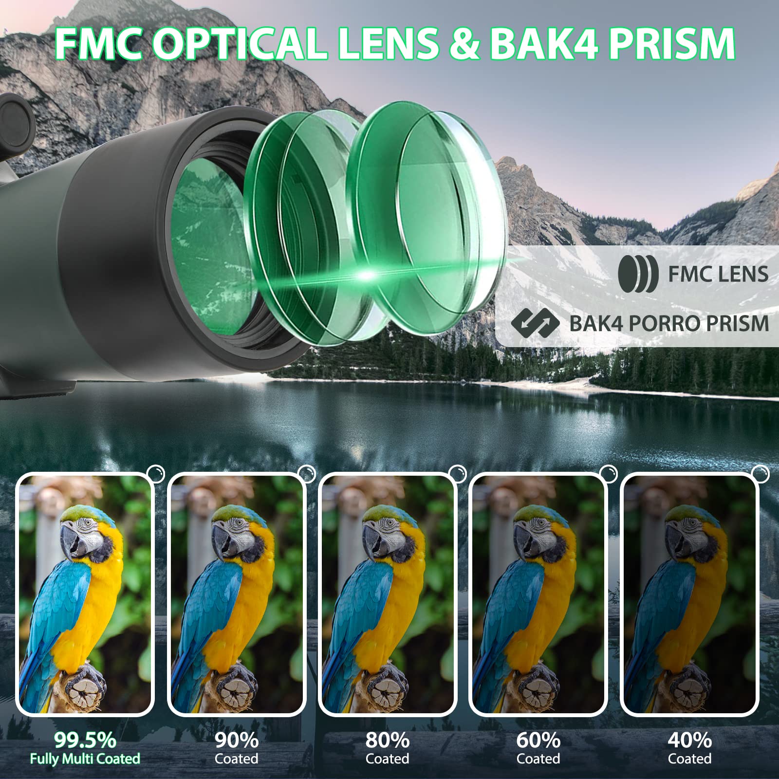 Cannocchiale con Treppiede, Borsa per il Trasporto e Adattatore per Smartphone, FMC Ottica Bak4 Prisma Telescopio Spotting Scope con Smartphone Adapter per Tiro a Segno Birdwatching Caccia (Green)