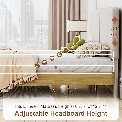 Miniatura 7 de VECELO Base de cama tamaño matrimonial tapizada con cabecera de algodón y lino ajustable en altura, listones de madera resistente, espacio debajo de
