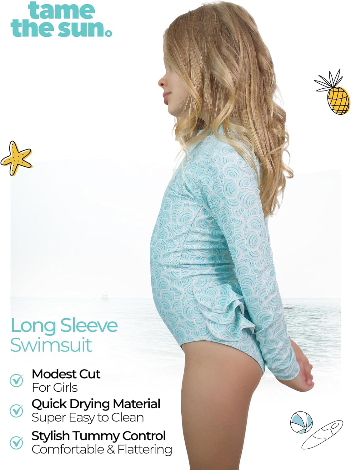 Tame the Sun Long Sleeve Girls' Swimsuit - Rash Guard with Frills, UPF 50+ Zipper Swimwear - Bathing Suit for Ages 3-12
