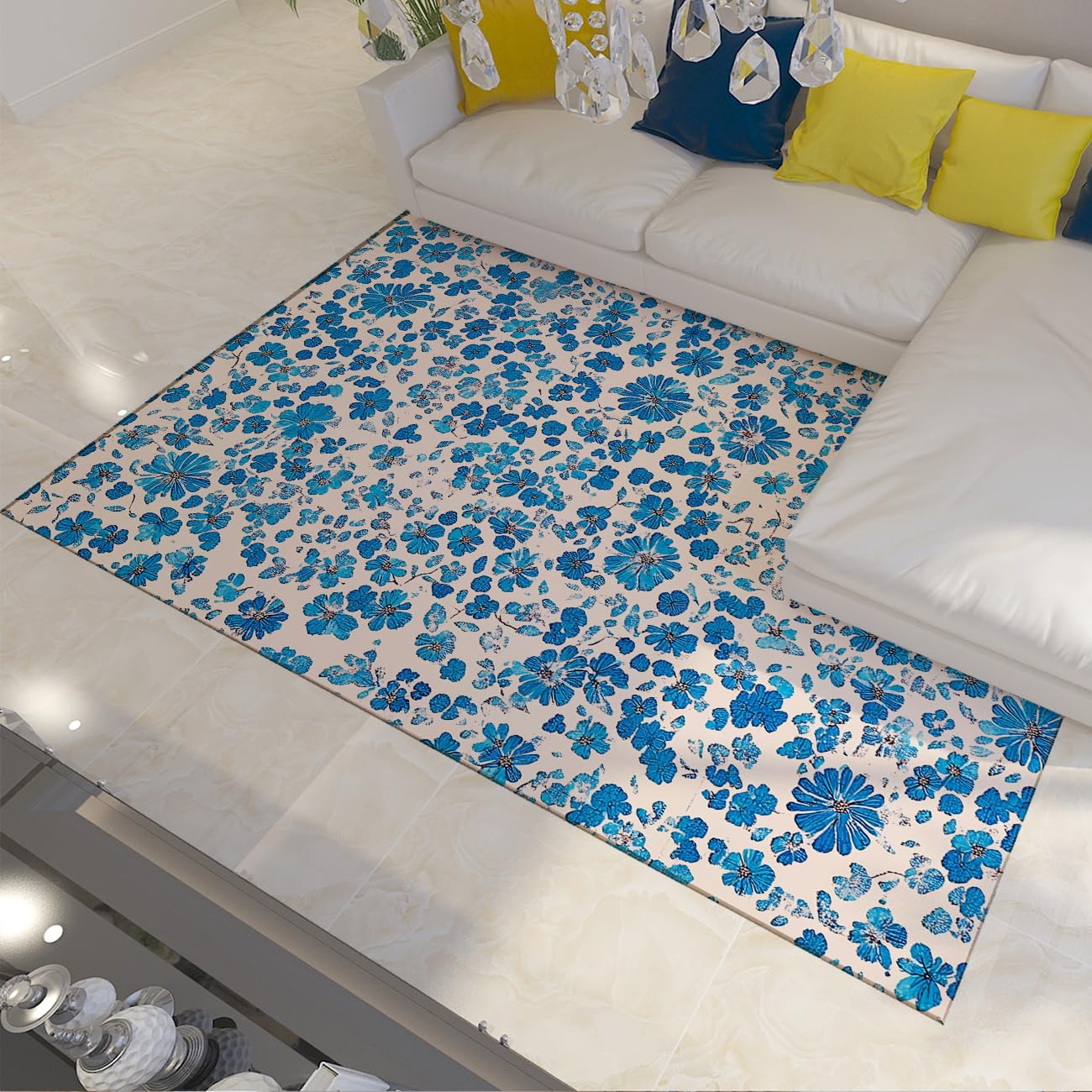 Tapis de salon résistant aux taches bleu 90x150cm lavable en machine