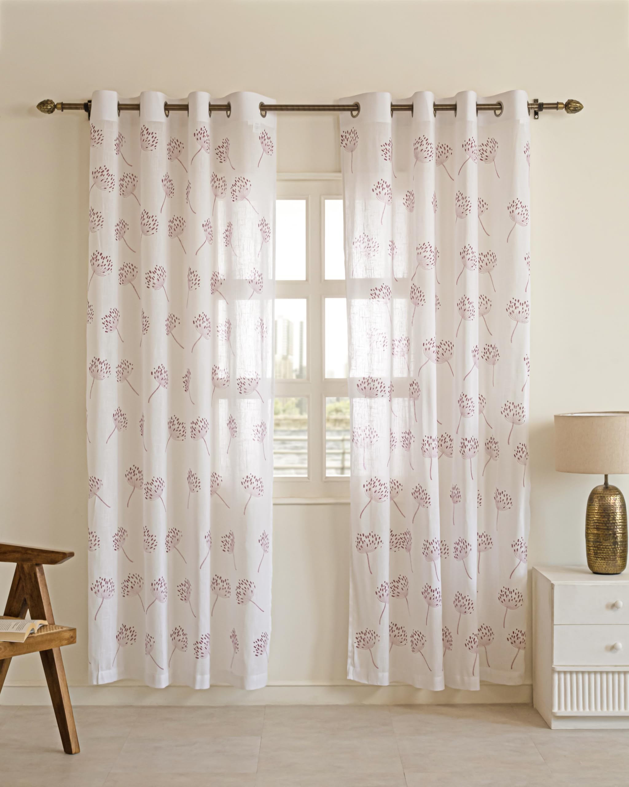 THE LINEN COMPANY Cotton Linen Solid Sheer Curtain Set with Steel Eyelet Rings Window Curtain - Set of 2 Pcs (Wine Dandelions - 4.5 Ft x 6 Ft)