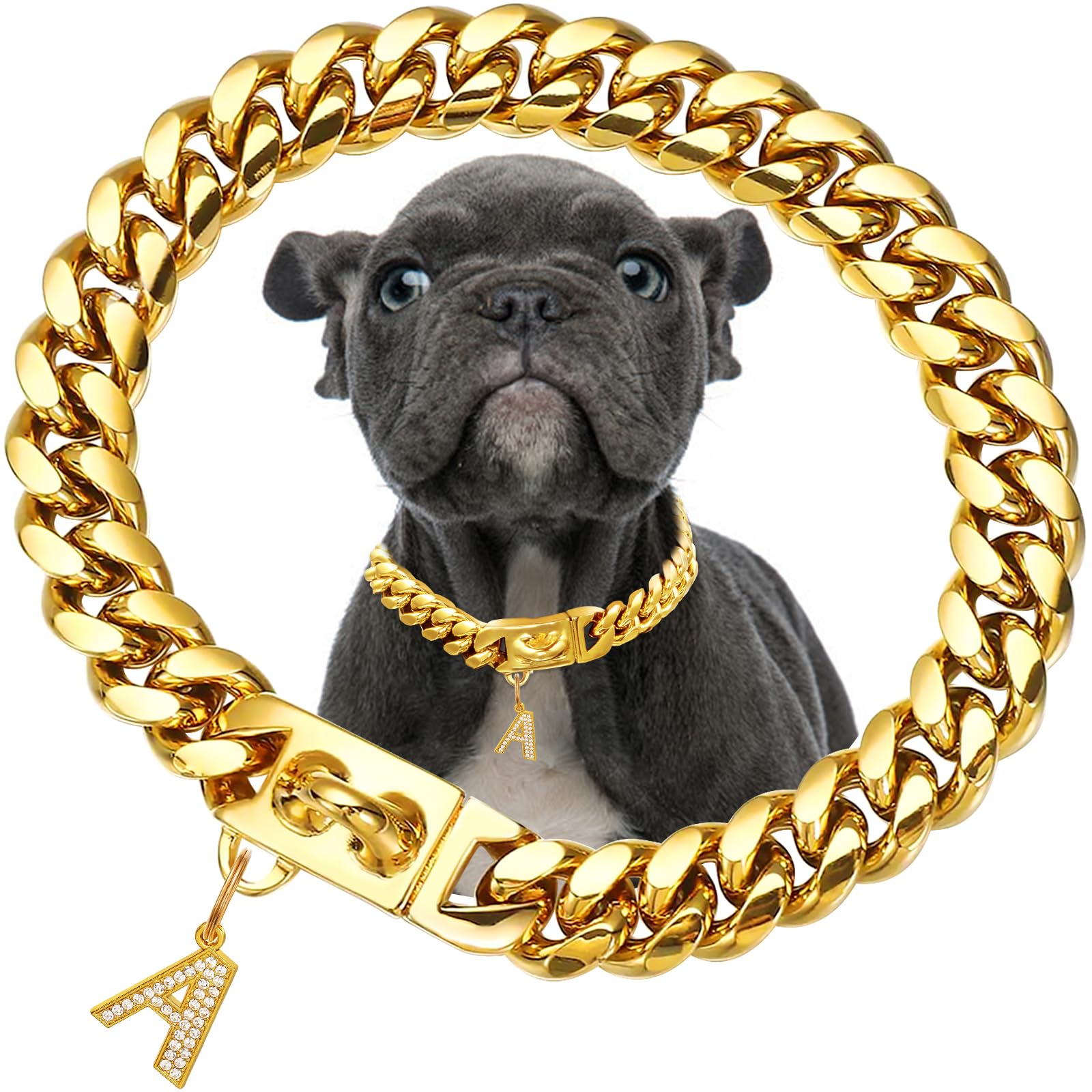 Collier pour chien en acier inoxydable plaqué 18K anti-morsure chaîne cubaine 15mm