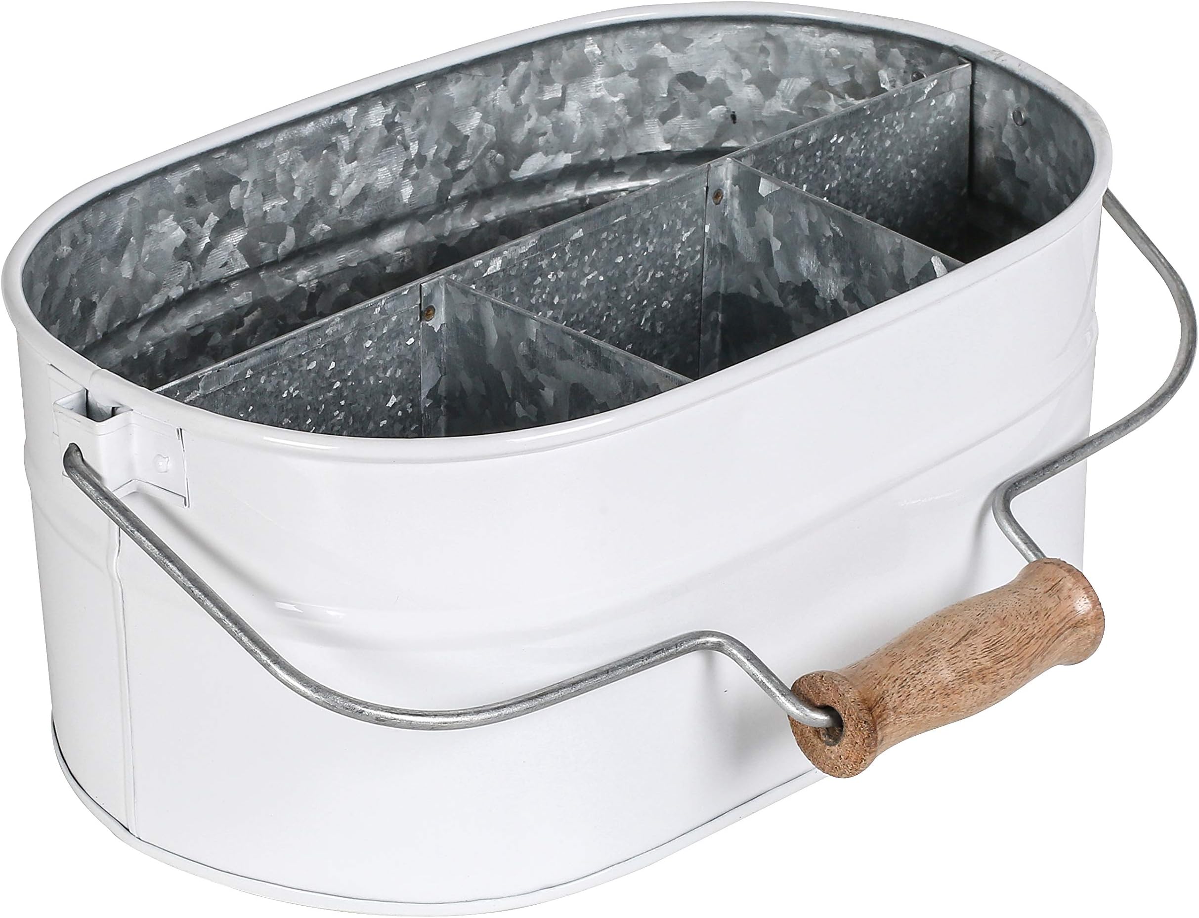 Alpha Living Home Rustic Galvanized Heavy Duty Metal Utensil Caddy - 4-Compartment Organizer with Removable Handle, White Farmhouse Chic Design for Kitchen, Picnics & Parties (White)