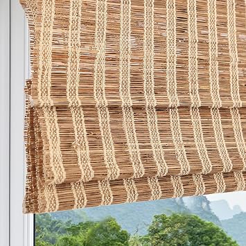 Window Shades Cordless Bamboo Roman Shades, Roman Window Shades with 6" H Valance, Woven Wood Chestnut Faux Light Filtering Privacy Jute Glass Roman Shade for Windows, Doors, Porch