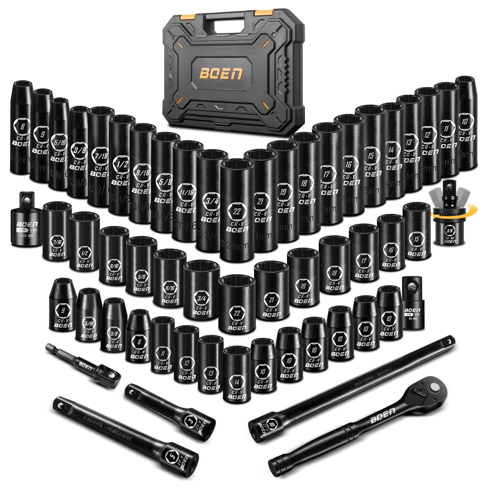 3/8" Drive Impact Socket Set, 57-Piece Standard SAE (5/16 to 3/4 inch) and Metric (8-22mm), Include Ratchet Handle, Extension Bar, Universal Joint, Adapter, and 5 Additional 10mm Sockets