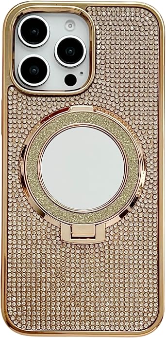 Caseative for iPhone 14 Plus Case, Gold | Glitter Bling Diamond Mirror with Stand Holder Magnetic Compatible with MagSafe Wireless Charging