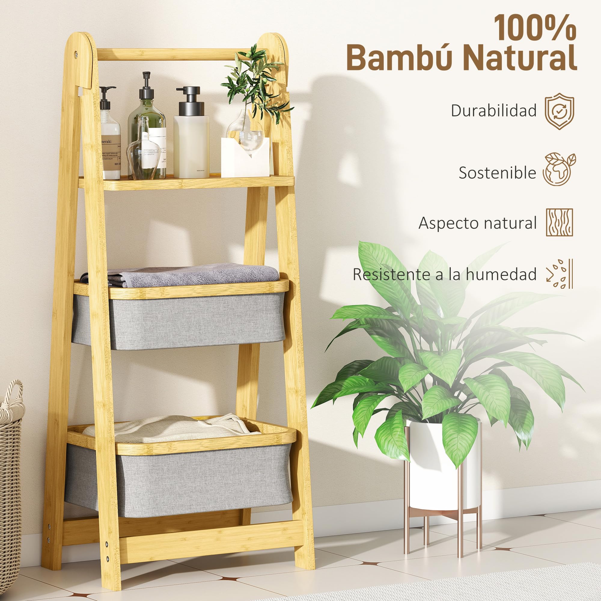 HOMCOM Estantería para Baño Plegable de Bambú, 2 Cestos Ropa Sucia, Gris