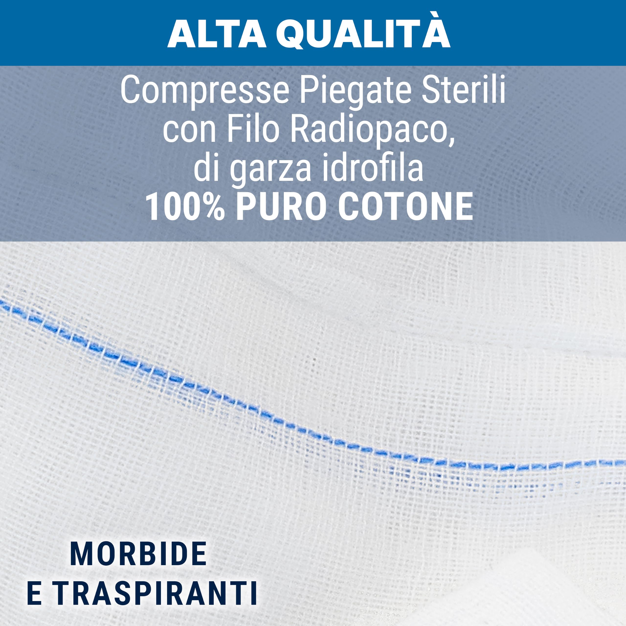 DEALFA Comprimidos de gasa plegados estériles con hilo radiopaco – 10 x 10 cm – 16 capas – 100% puro algodón – Desechables – Doble sobre individual de 10 unidades – Paquete de 25 sobres