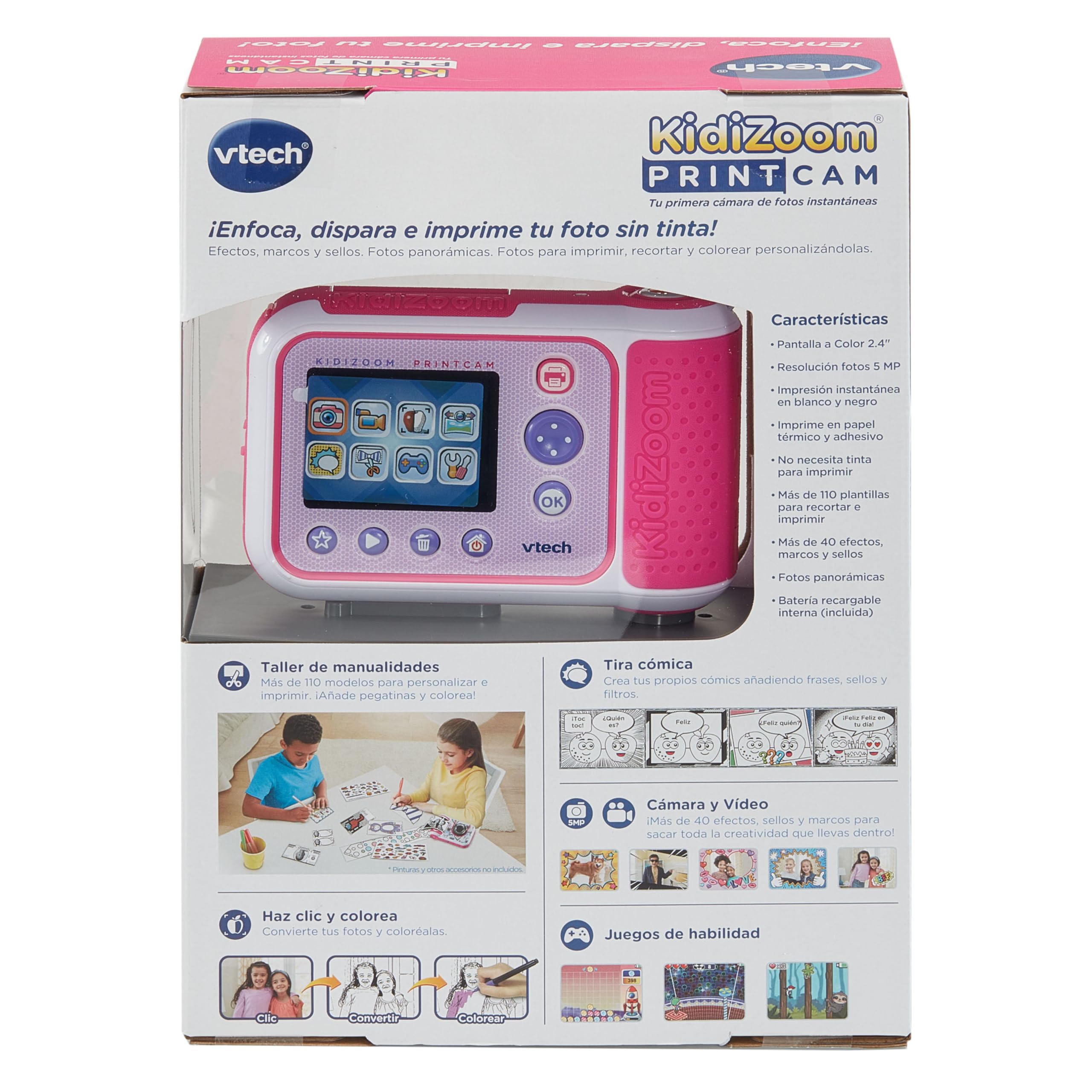 VTech - Kidizoom Print CAM Rosa, Cámara de Fotos instantáneas y vídeos para niños +5 años, Impresión Instantánea, Plantillas, Efectos, Marcos, Versión ESP