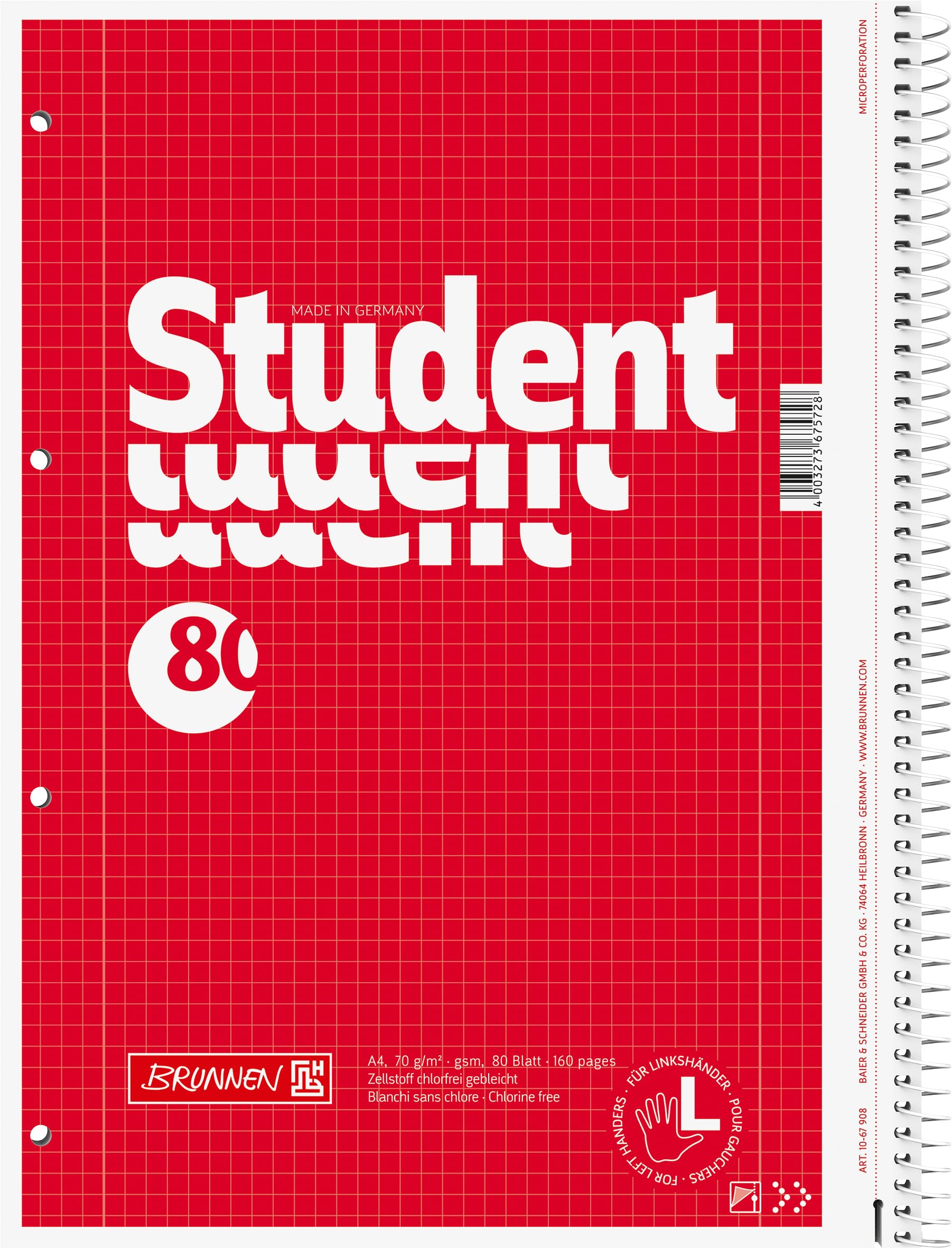 1067908 Notebook, Student College Block (for Left-Handed People, A4, Squared, Lineament 28, 70g/m², 80 Sheets, Spiral)