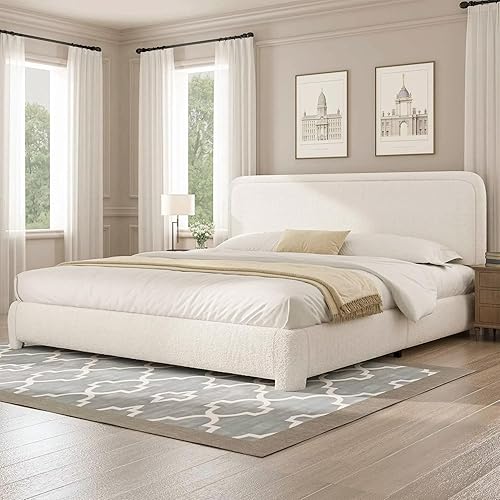BarnFurin King Bed Frame and Headboard, Cloud Boucle Upholstered Platform Bed Frame, Modern Style, Soft Rounded Corners, No Box Spring Required, Easy Assembly, Beige