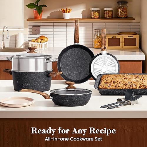 Miniatura 8 de Kitchen Academy Juego de ollas y sartenes antiadherentes, antiadherentes, utensilios de cocina de inducción de granito negro, juego de sartenes