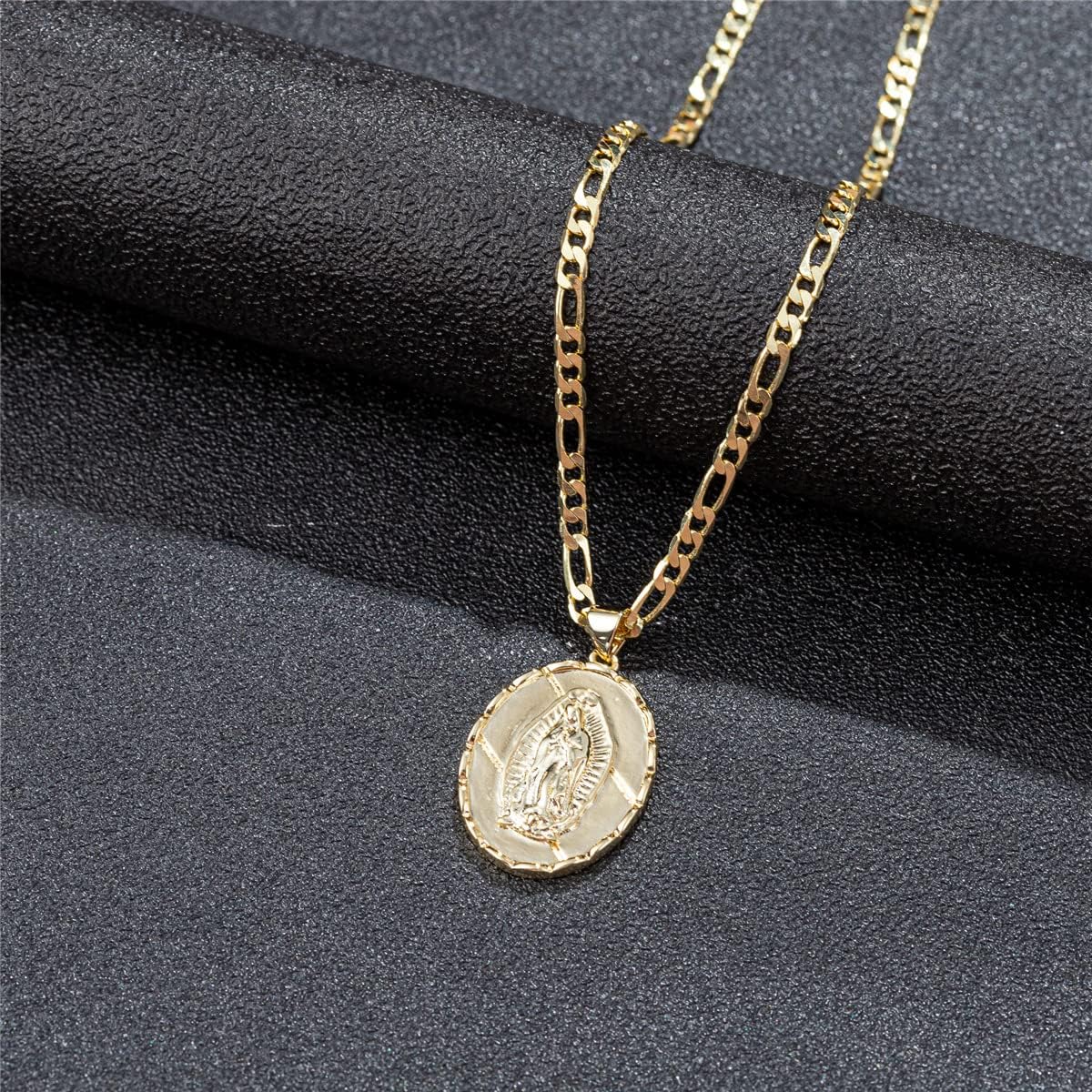 kelistom 14K Gold Plated Virgin Mary Guadalupe Pendant Necklace for Women Men 3mm Flat Figaro Chain Necklace 18/22 inches - Image 2