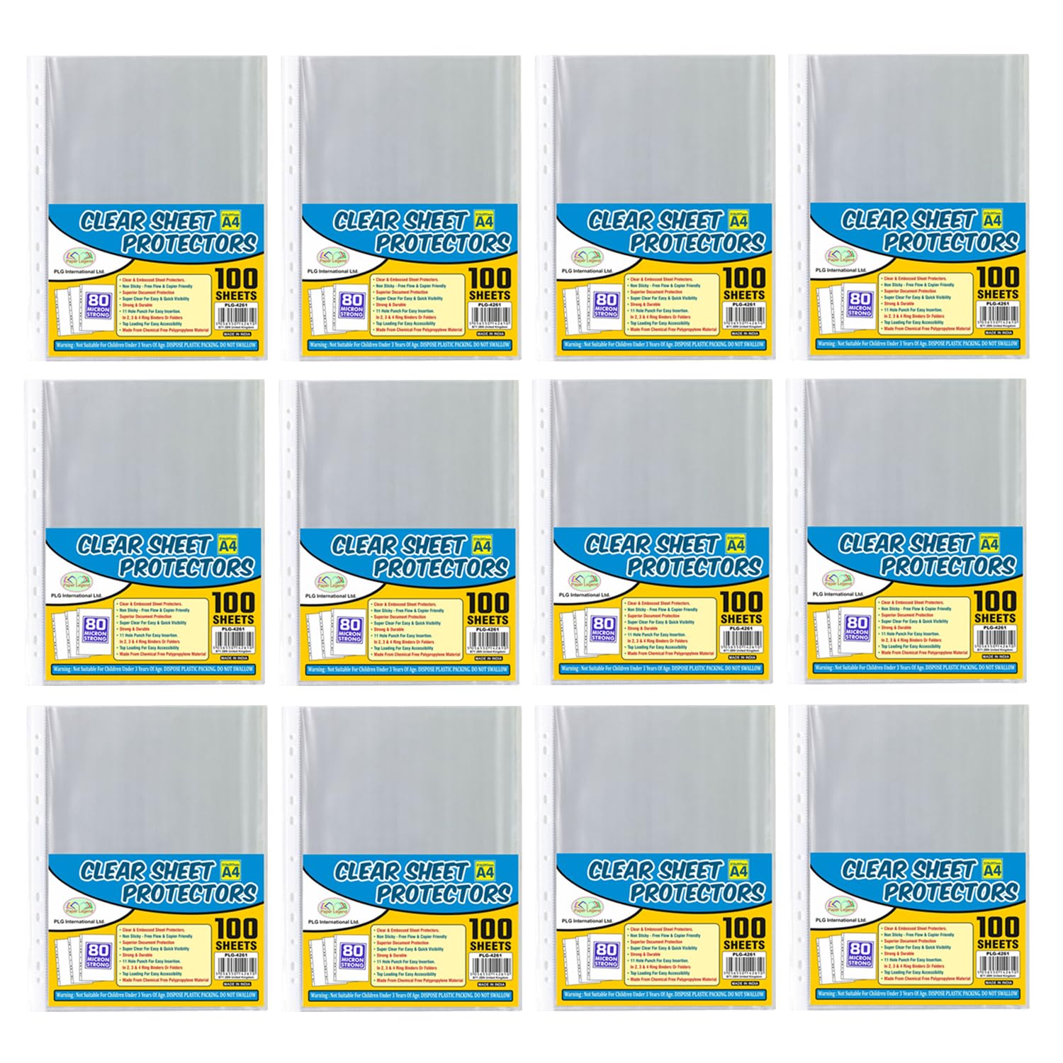 Eason Bros - A4 Punched Pockets, 45 Micron/60 Micron/80 Micron Transparent Polypropylene Sleeves with 11 Holes Strong Plastic Filing Wallets for Document Paper Organiser, White Edge (1200, 80 Microns) — image 1