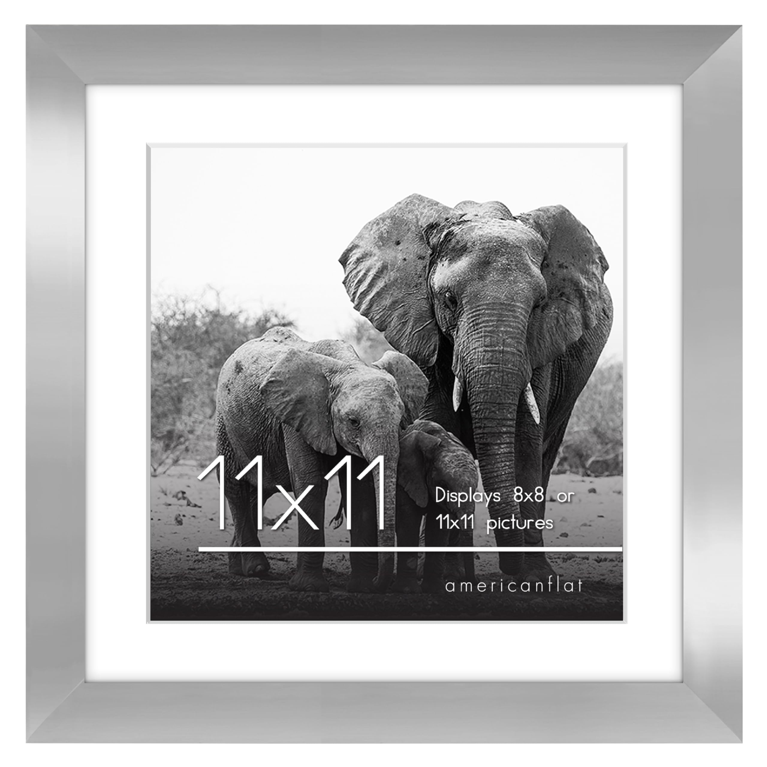 Americanflat 11x11 Picture Frame in Silver - Displays 8x8 With Mat and 11x11 Without Mat - Composite Wood with Shatter Resistant Glass - Horizontal and Vertical Formats for Wall
