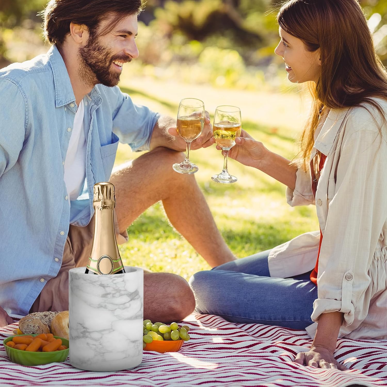 Natural White Marble Wine Chiller Bucket - Handcrafted Cylinder Cooler for 750ml Champagne & Wine Bottles, Ice Bath Container for Dinner Parties, Yachts, Luxury Gifts