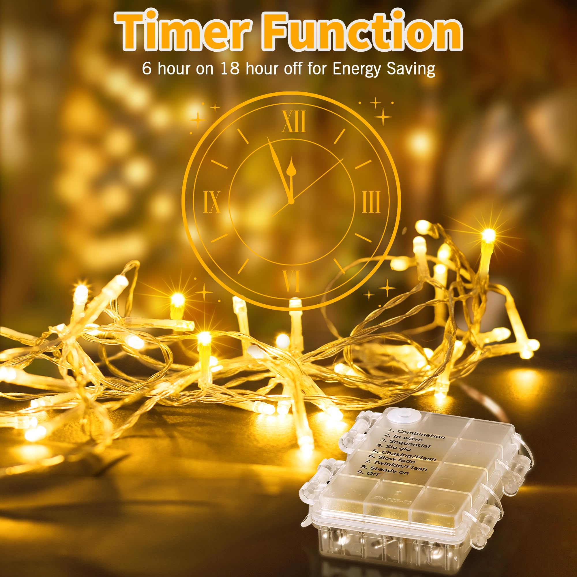 Auriostar Luci LED a Batteria, 20m 200LEDs Catena Luminosa Esterno 8 Modalità,Impermeabile IP44 Luci Natale Esterno e Interno Batteria, Luci Albero di Natale per Festa,Giardino (Bianco Caldo, 200LEDs)