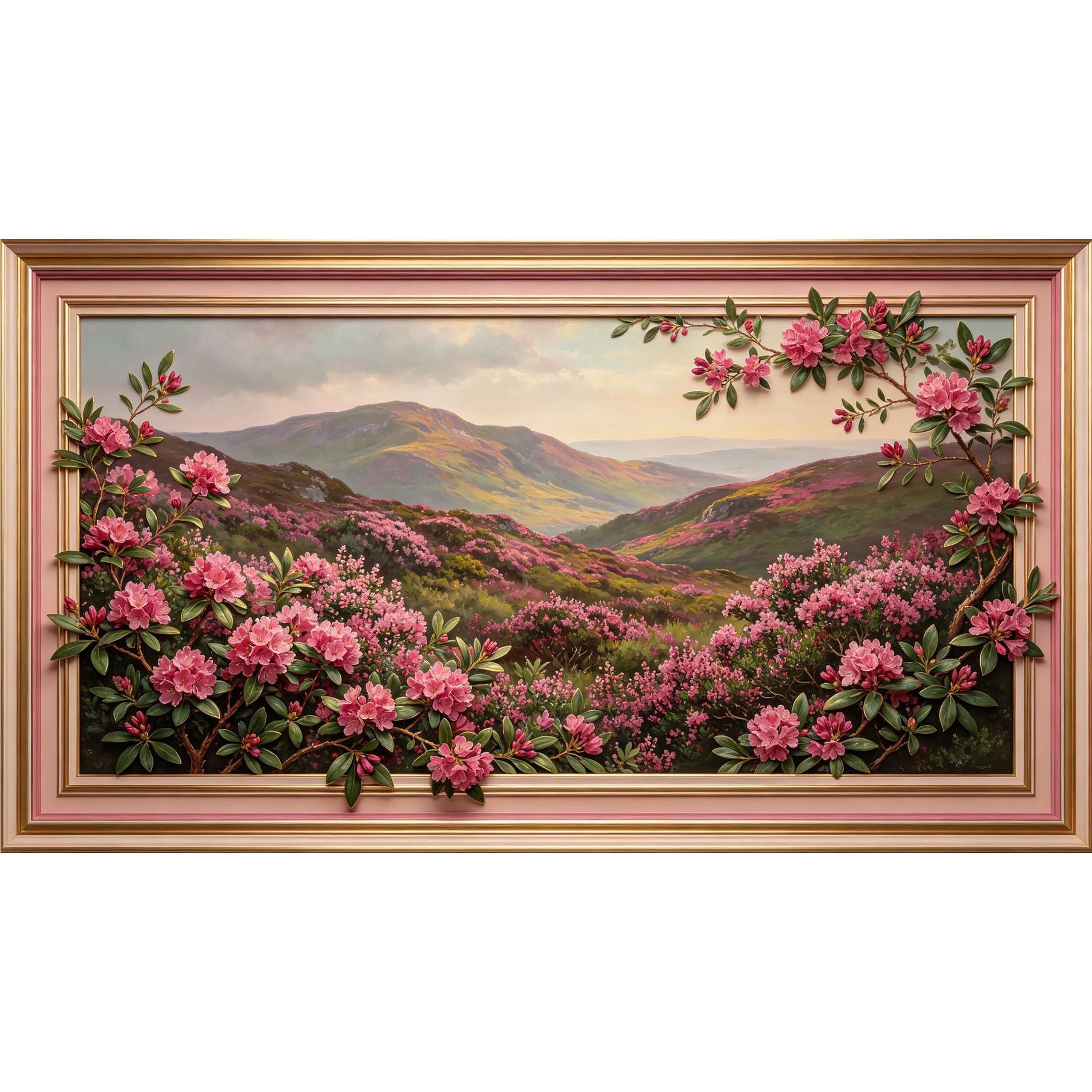 QZLITHOTIC 50x90cm3D Framed Wall Art， Botanical Mountain Landscape Pink Rhododendron Bloom Self‑Adhesive Mural， Water‑Activated Peel & Stick Fabric Decor Wall Decal for Bedroom Living Room