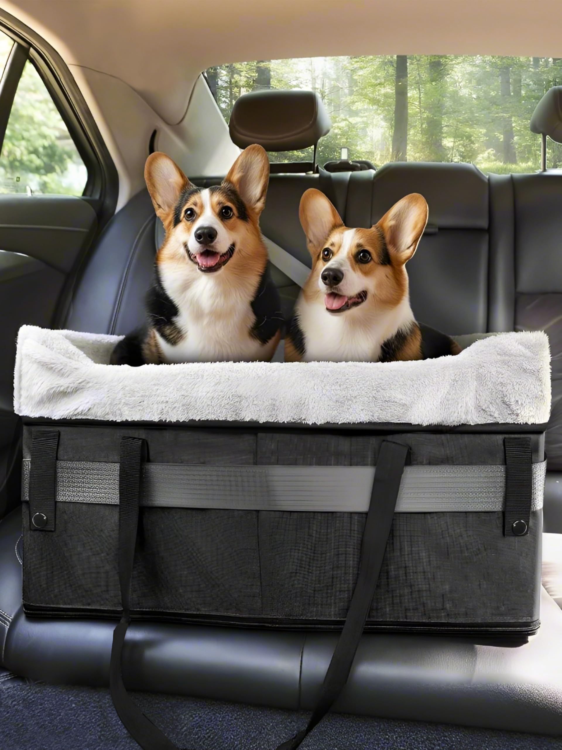 Asiento de coche portátil para perros pequeños, plegable, asiento de coche para asiento delantero y trasero, cesta para perros con cinturón de seguridad ajustable y cojín de felpa, seguro, estable