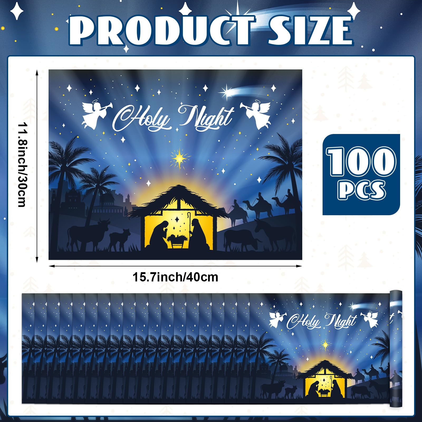 OBUSATT 100 manteles individuales de papel de Navidad con diseño de noche santa, para belén, color azul, manteles individuales de cocina para vacaciones, fiesta de invierno, decoración de mesa de