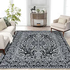 KUTA Vintage Area Rug 5x7 Black, Washable Rugs for Living Room Soft Non-Slip Printed Distressed Tribal Traditional Farmhouse Carpet for Bedroom Dining Room Dorm Office Home Decor
