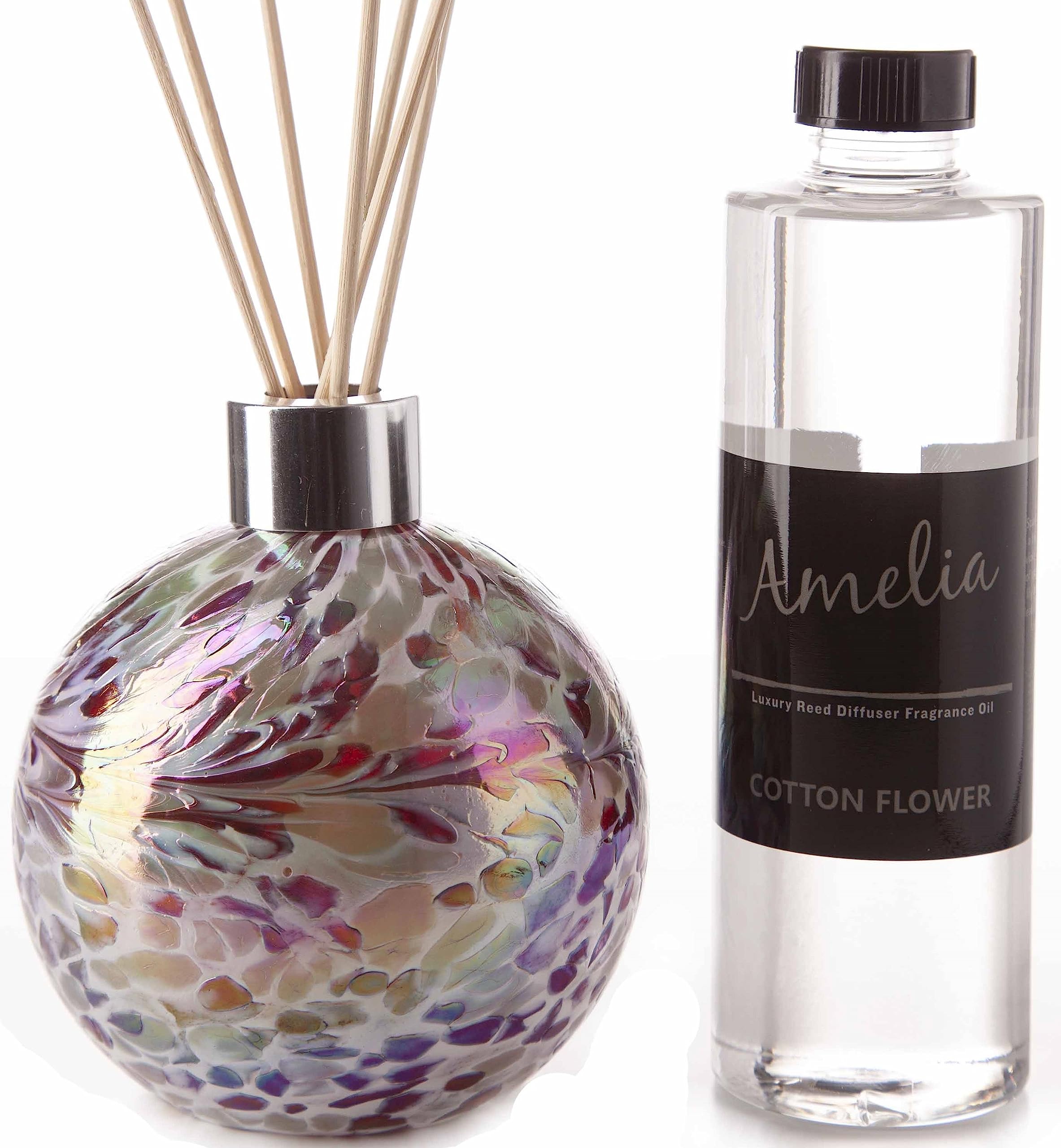 Amelia Art Glass Reed Diffuser Gift Set in Red, Silver Crackled with Cotton Flower Fragrance