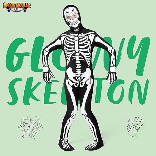 Miniatura 2 de Spooktacular Creations Disfraz de esqueleto para niños, body con capucha de esqueleto negro que brilla en la oscuridad para niños y niñas
