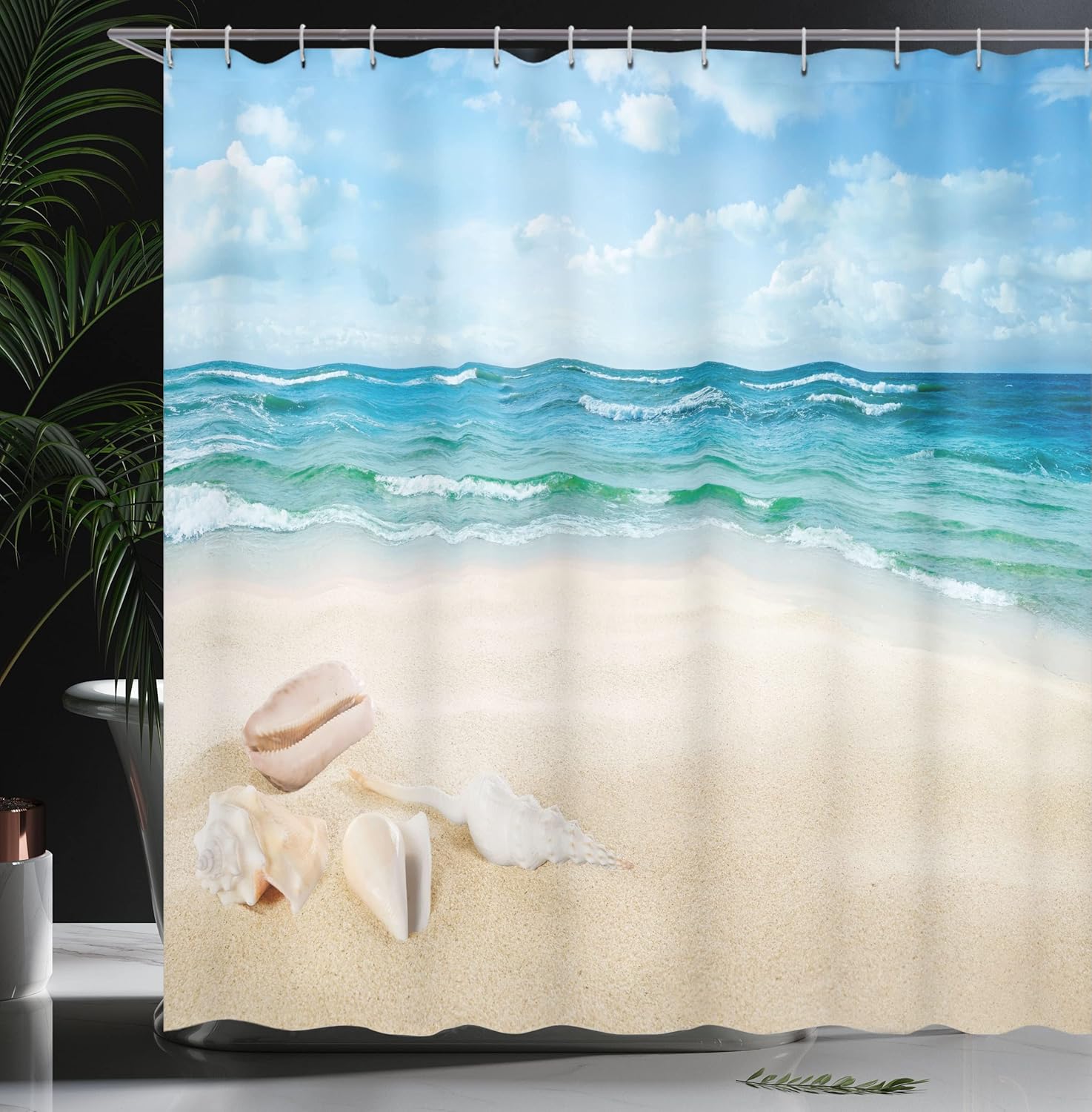 Ambesonne Ocean Shower Curtain, Beach Sand Waves Sealife Marine Design with Shells Hot Summer Sun Holiday Print, Cloth Fabric Bathroom Decor Set with Hooks, 69" W x 75" L, Cream Teal