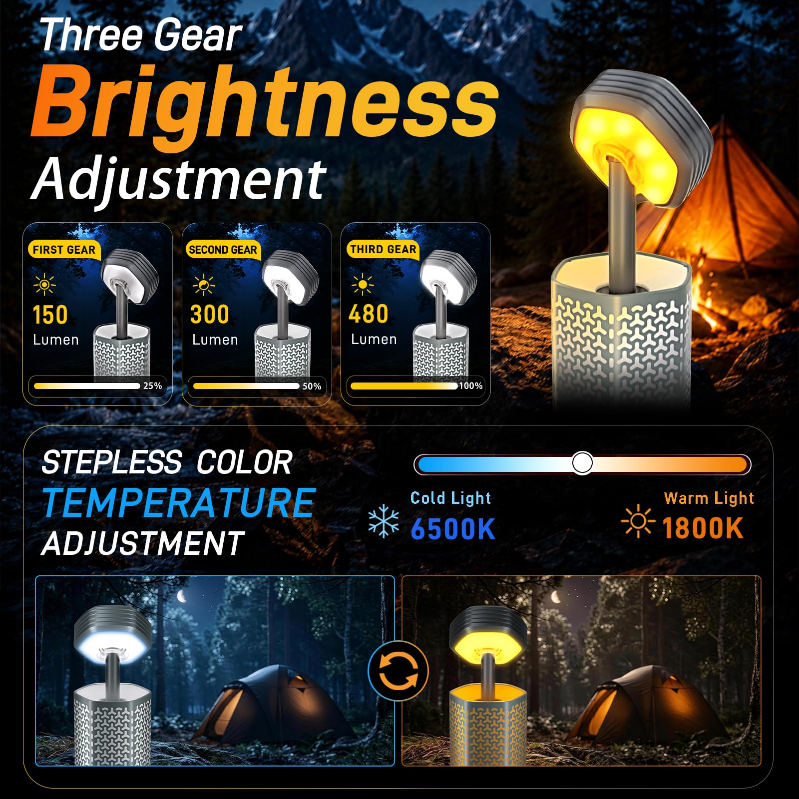 Luces de camping, linterna telescópica de camping con bolsa de almacenamiento, luz de emergencia recargable de 10500 mAh para aventuras al aire libre, luces de trabajo LED impermeables con imán (gris)
