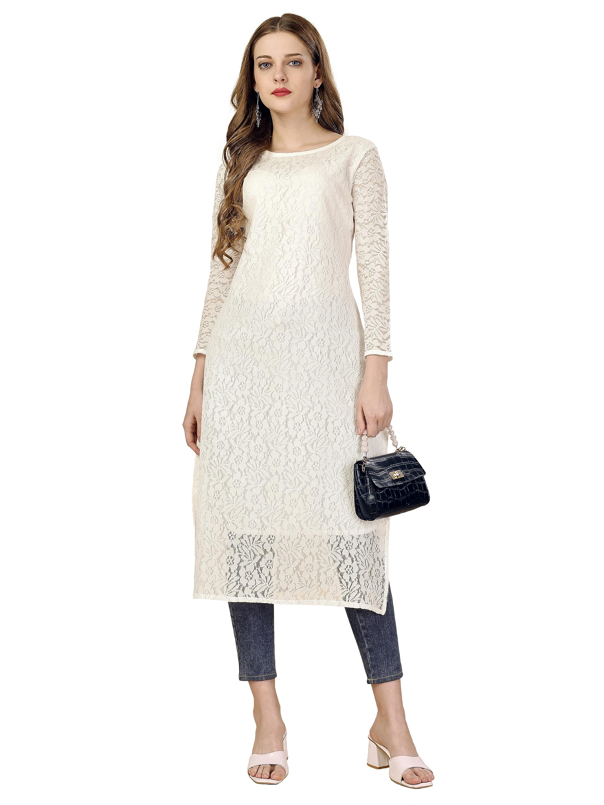 FORKEY A-Line Kurti for Women – Elegant Net Floral Design Knee-Length Kurta with Solid Pattern, Round Neck & 3/4 Sleeves | Comfortable & Stylish Ethnic Wear