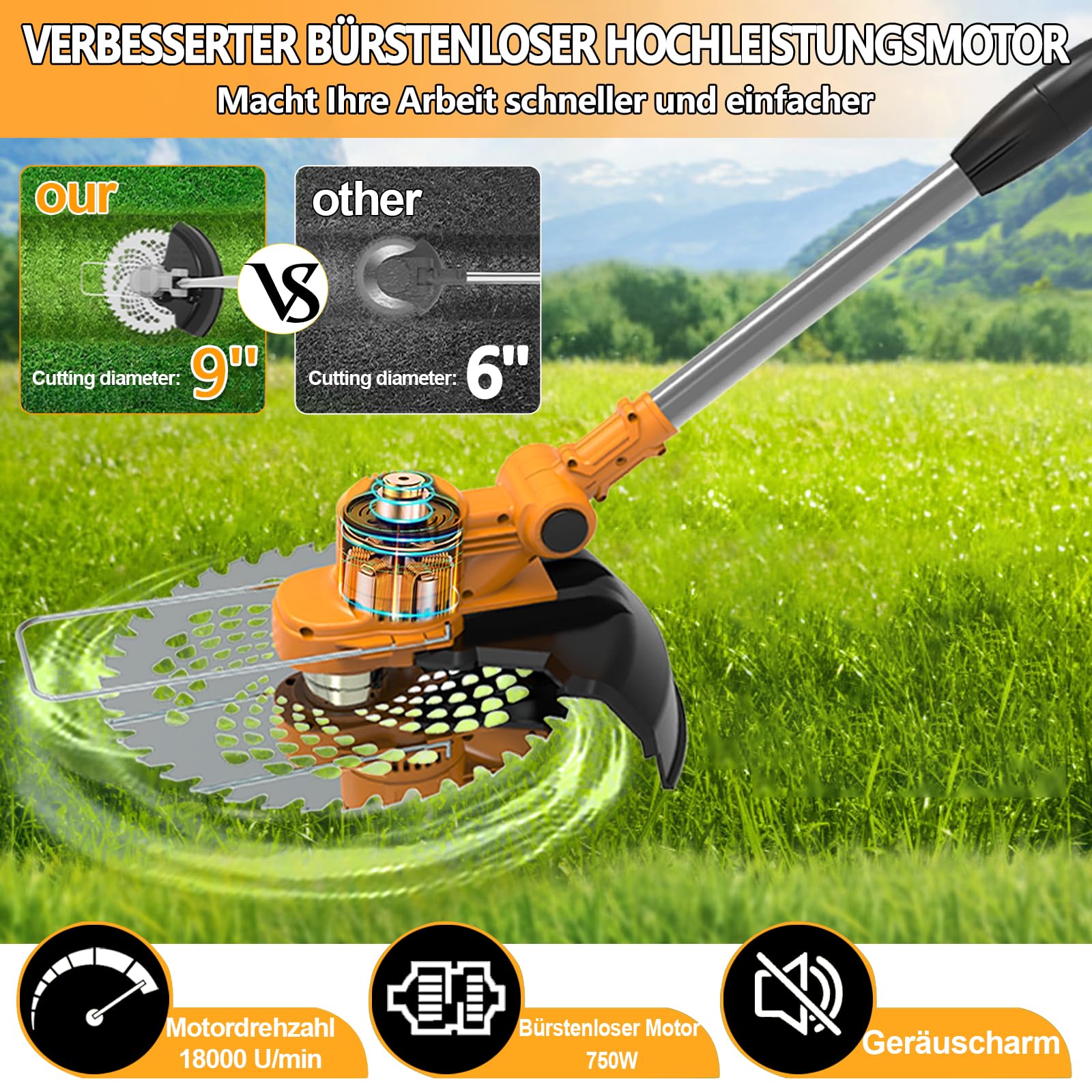 Coupe Bordure sans Fil avec Batterie 4 en 1 Debroussailleuse Electrique sans Fil 21V Débroussailleuse à Batterie Brushless avec 2 Batteries 4.0Ah, Brosse Désherbage et 1 Bobines,Orange,c