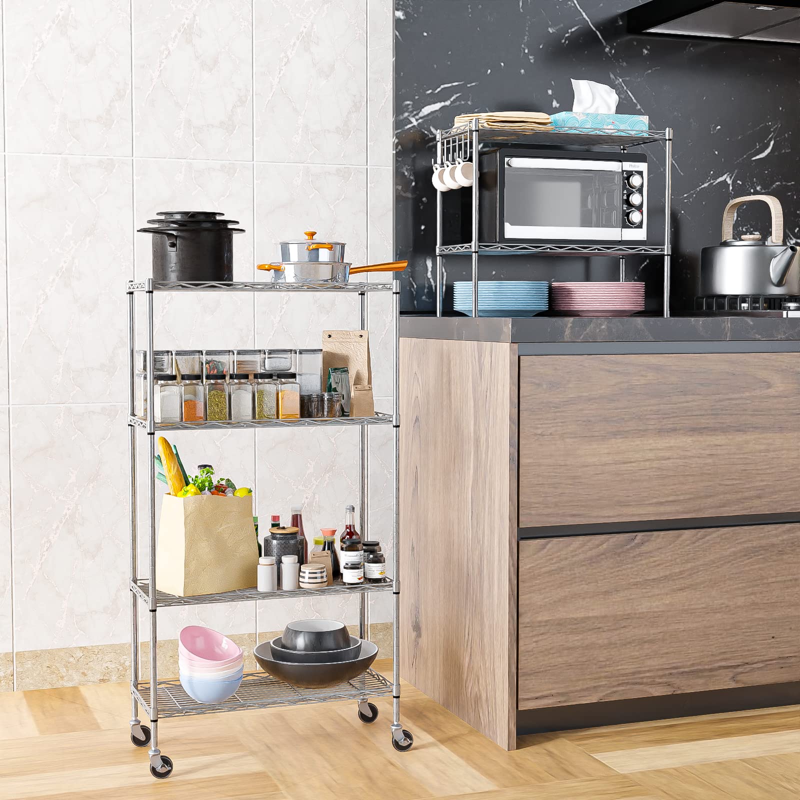 Himimi Estantería de Alambre de 6 Niveles con Ruedas, Altura Ajustable, Estante de Almacenamiento de pie Resistente con Gancho para baño, Cocina, Garaje, Dormitorio, Color Plateado