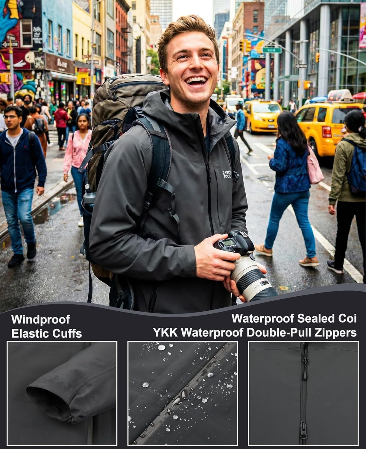 Men's Hiking Jacket,75D 3-Layer Waterproof Windproof Breathable Hardshell Relaxed Fit Rain Jacket PFAS-Free