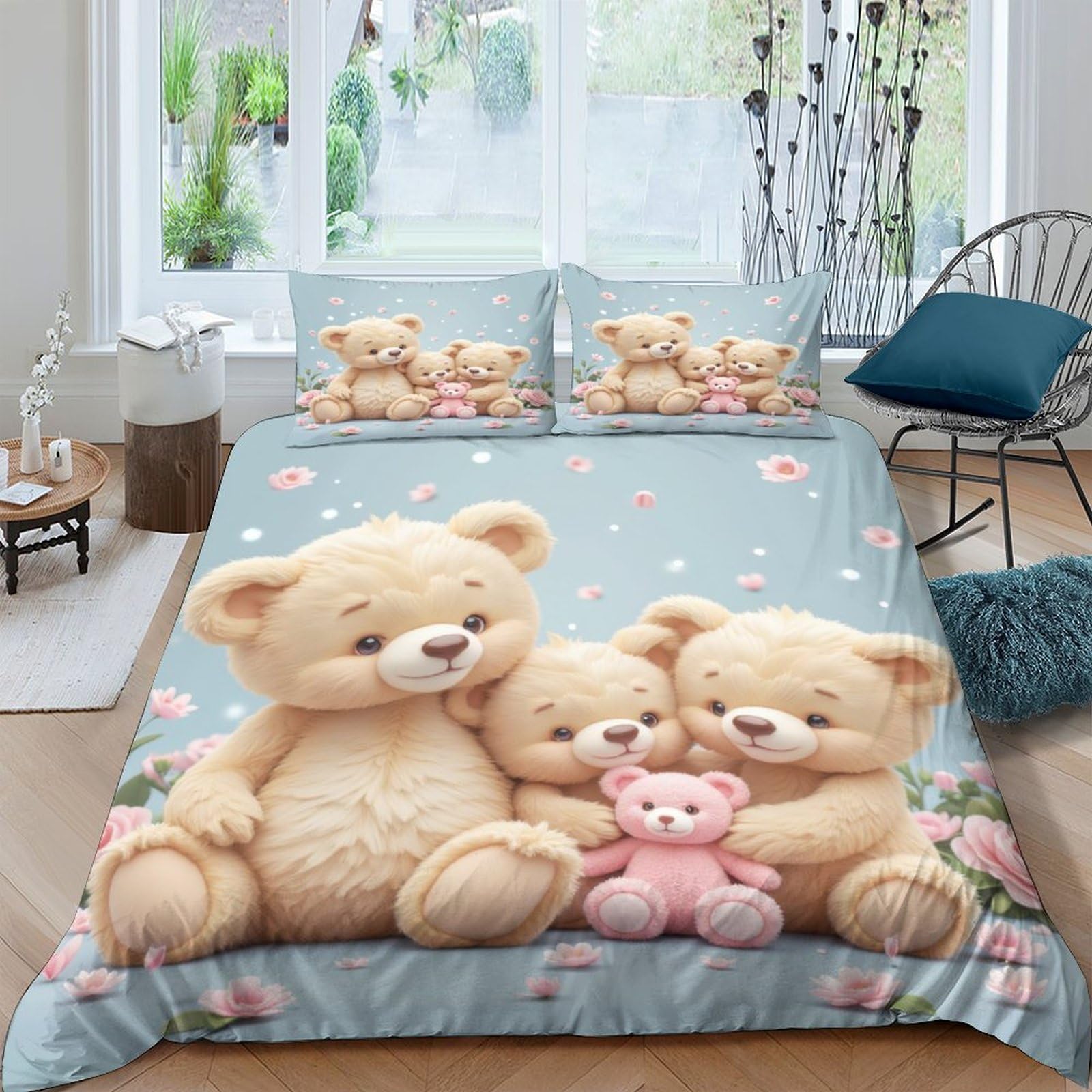 Ctjqhvkz Style-4 3D Printed Cute Teddy Bear Fitted Sheet Microfiber Soft Bedroom Decor Pink Floral Mattress Cover For All Ages Single（135X200cm）