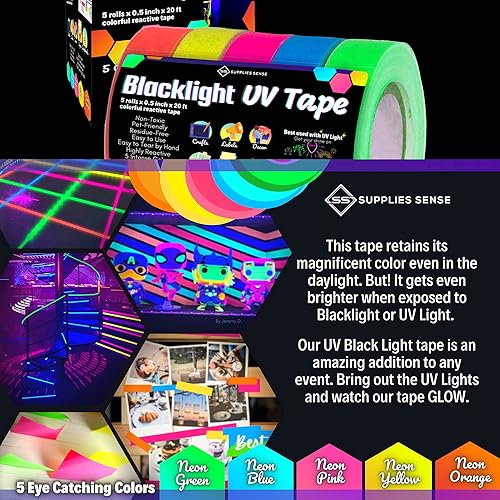 Miniatura 2 de Cinta de luz negra UV (0.5 pulgadas x 20 pies (5 rollos)  Brilla más brillante y dura más tiempo  No tóxica, apta para mascotas, sin residuos,