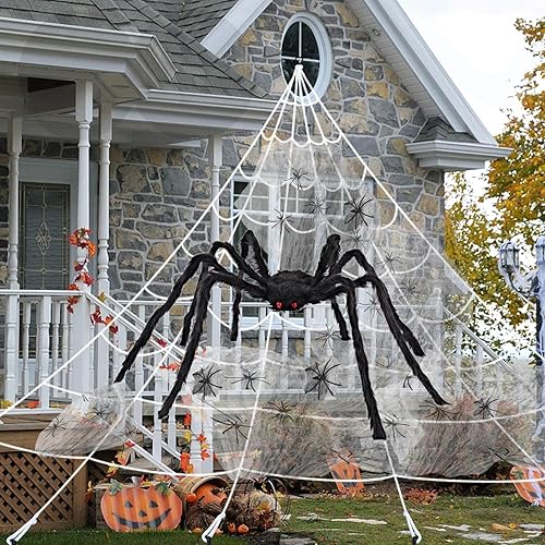 AOGU Telaraña de Halloween de 200 pulgadas + decoración de araña gigante de 78 pulgadas, araña falsa con tela de araña enorme triangular para disponible en Yaxa Peru