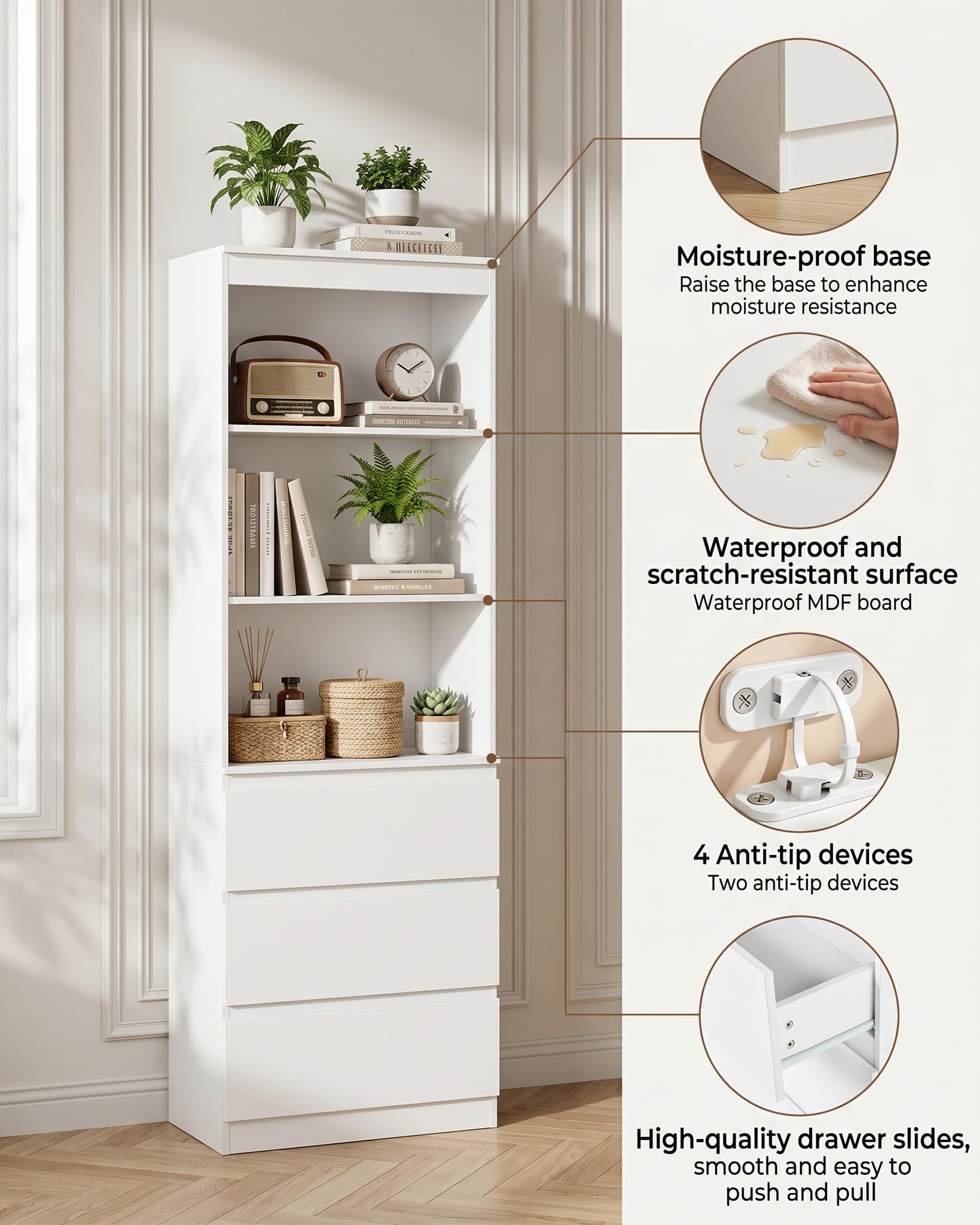 hitsuki Mueble Blanco con Cajones Estantería 60x32x180cm Libreria Alta para Salón Dormitorio Oficina Almacenaje Vertical