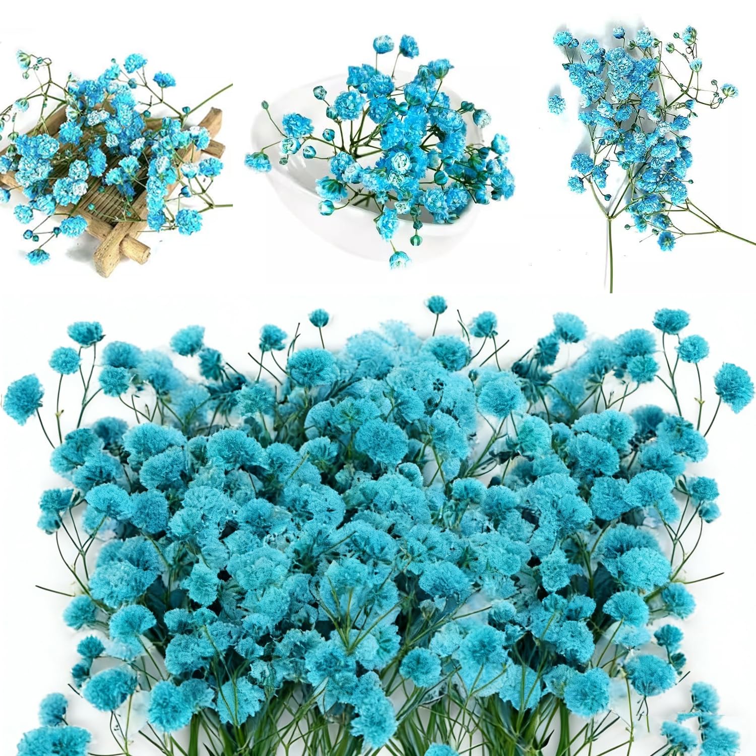 ACKKOR 130 Pcs Dried Pressed Baby Breath Flowers Artificial with Tweezer, Real Nature Gypsophila Dried Flowers for Resin Art Crafts DIY Card Making Wedding Card Cakes (Blue)