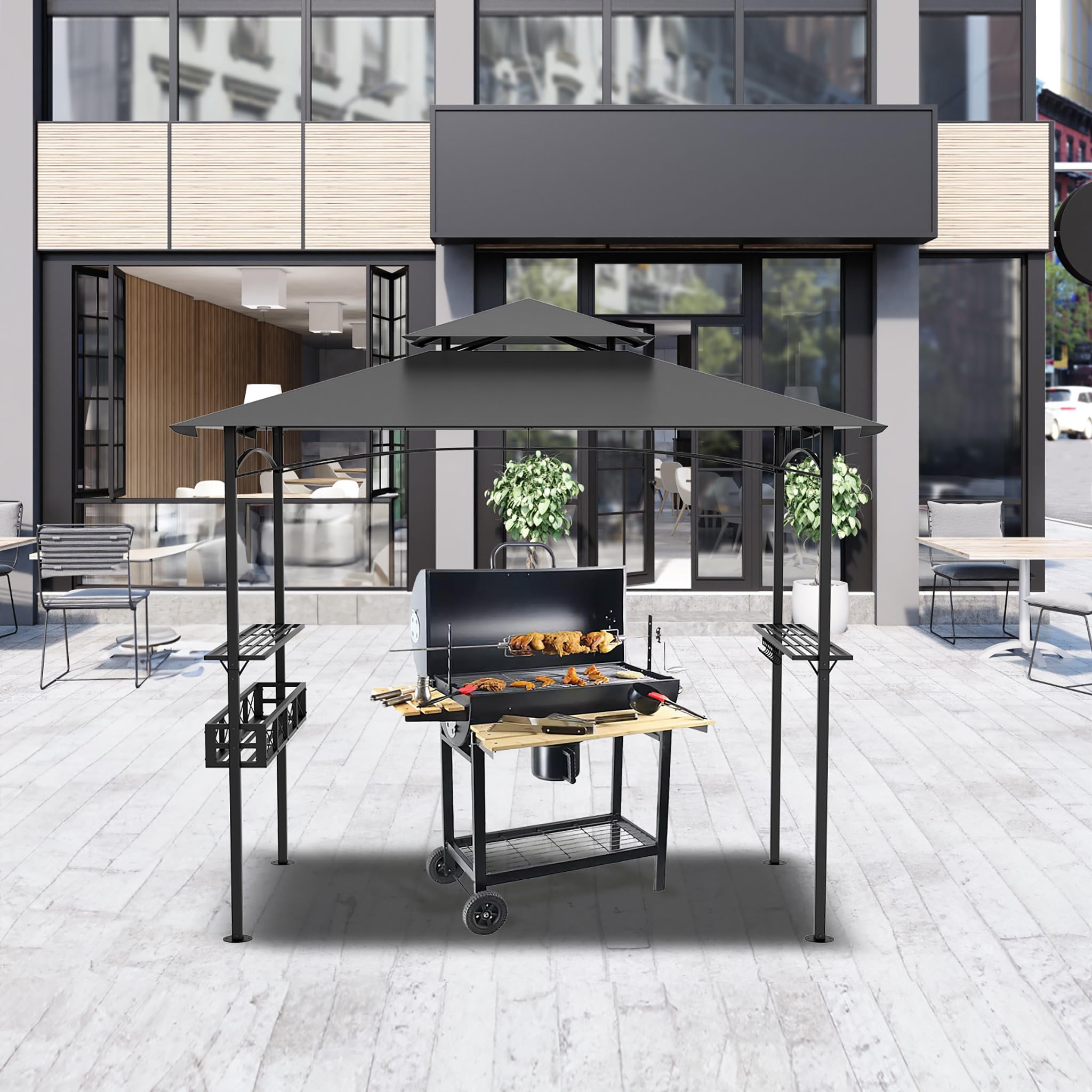Pawilon grillowy z dwuwarstwowym dachem, 245 x 153 x 250 cm, odporny na działanie wody, ognioodporny, w zestawie kosz do przechowywania, pawilon BBQ na imprezy grillowe, do ogrodu i na taras, szary