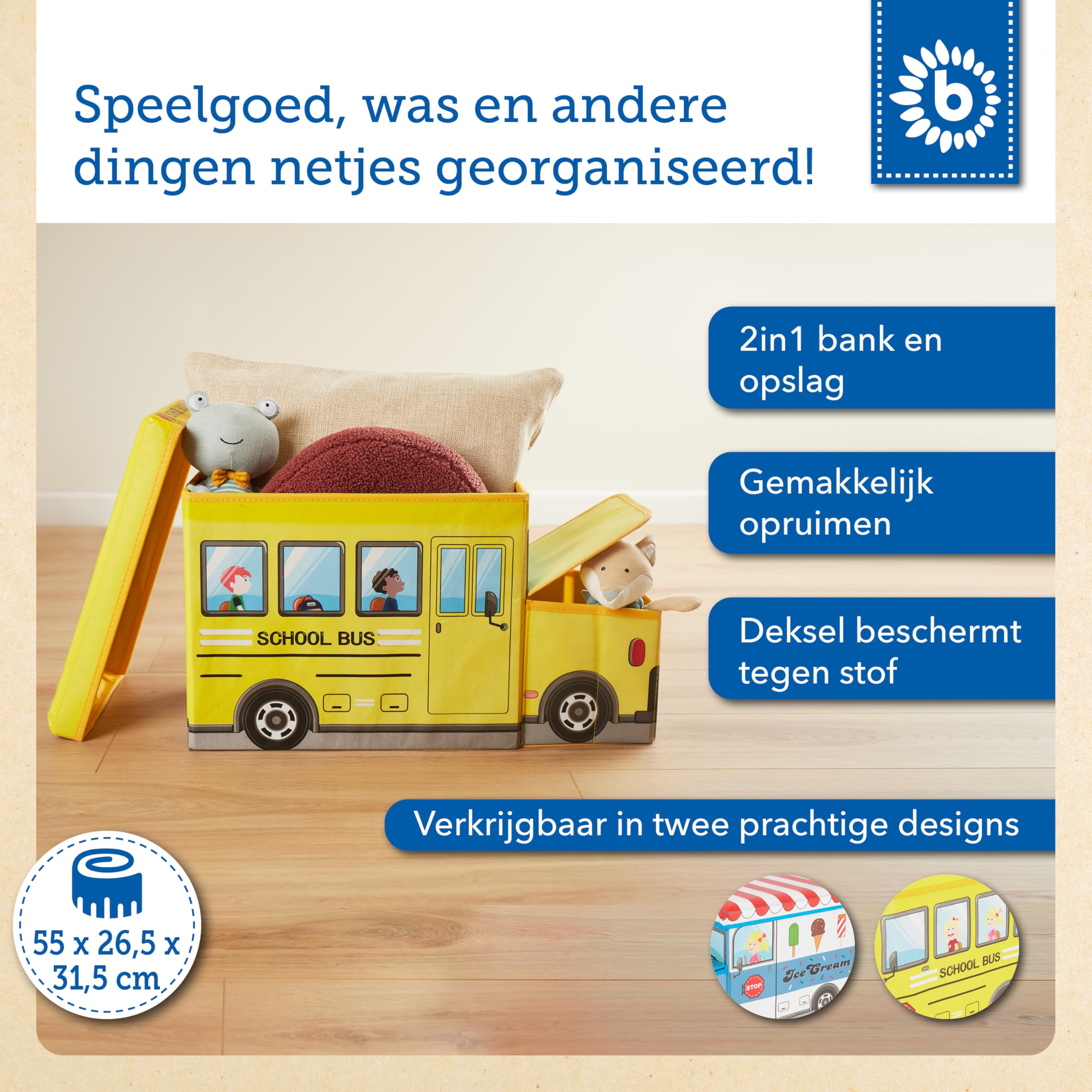 Bieco Aufbewahrungsbox mit Deckel Kinder Schulbus, faltbar, Sitzhocker mit Sitzgelegenheit, und Polsterung, Spielzeugkiste mit Stauraum, Sitztruhe, Jungen & Mädchen, 46 L, Belastbar bis 80 Kg, gelb