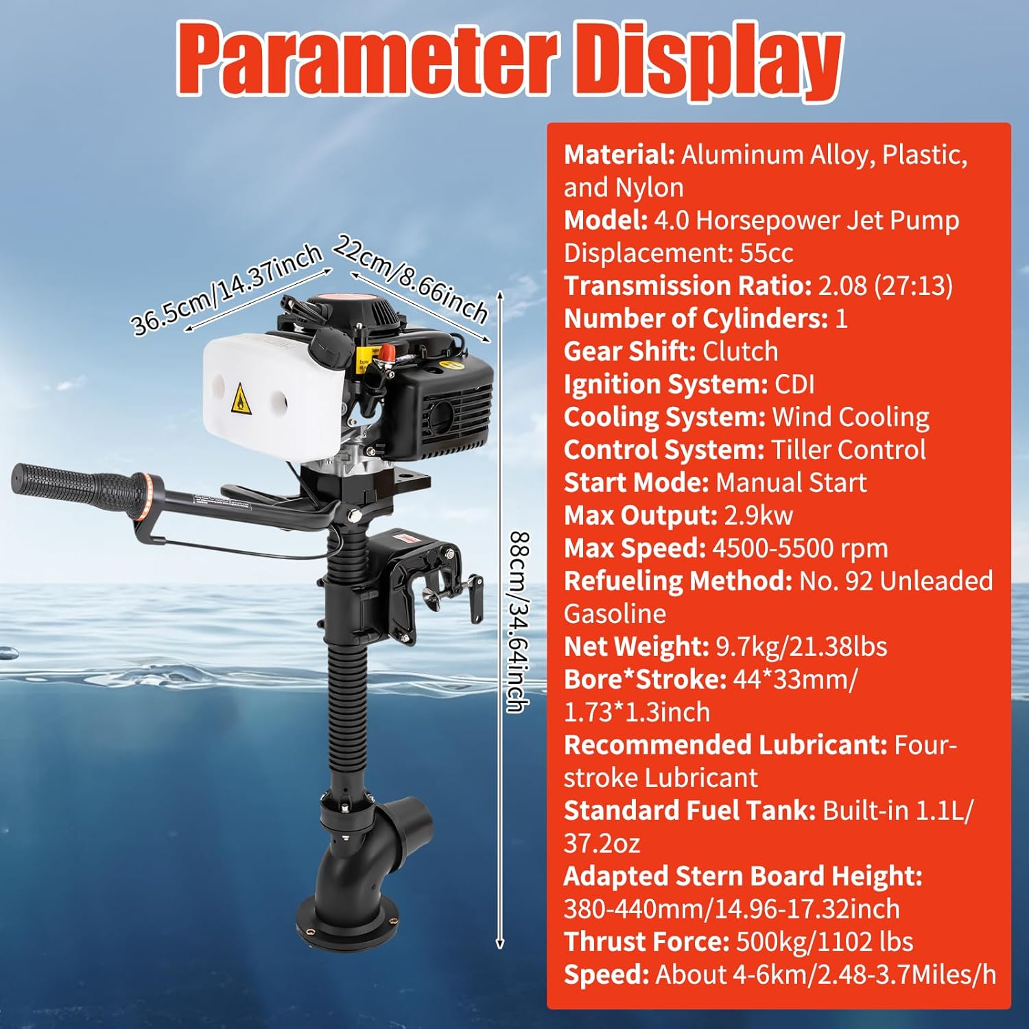 4-Stroke 4HP Outboard Boat Motors, 55CC 5500RPM Heavy Duty Fishing Boat Engine with CDI Ignition System & Wind Cooling, Inflatable Boat Motor for Plastic Boats, Fiberglass Boats, Wooden Boats