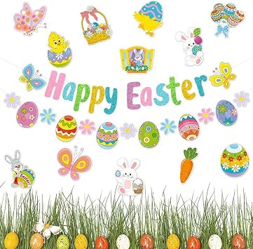 Easter Party Decorations, Easter Decorations Set Happy Easter Banner Easter Window Clings Hanging Easter Egg Banner Decorations for Indoor Outdoor Garden Office Home Classroom Spring Party