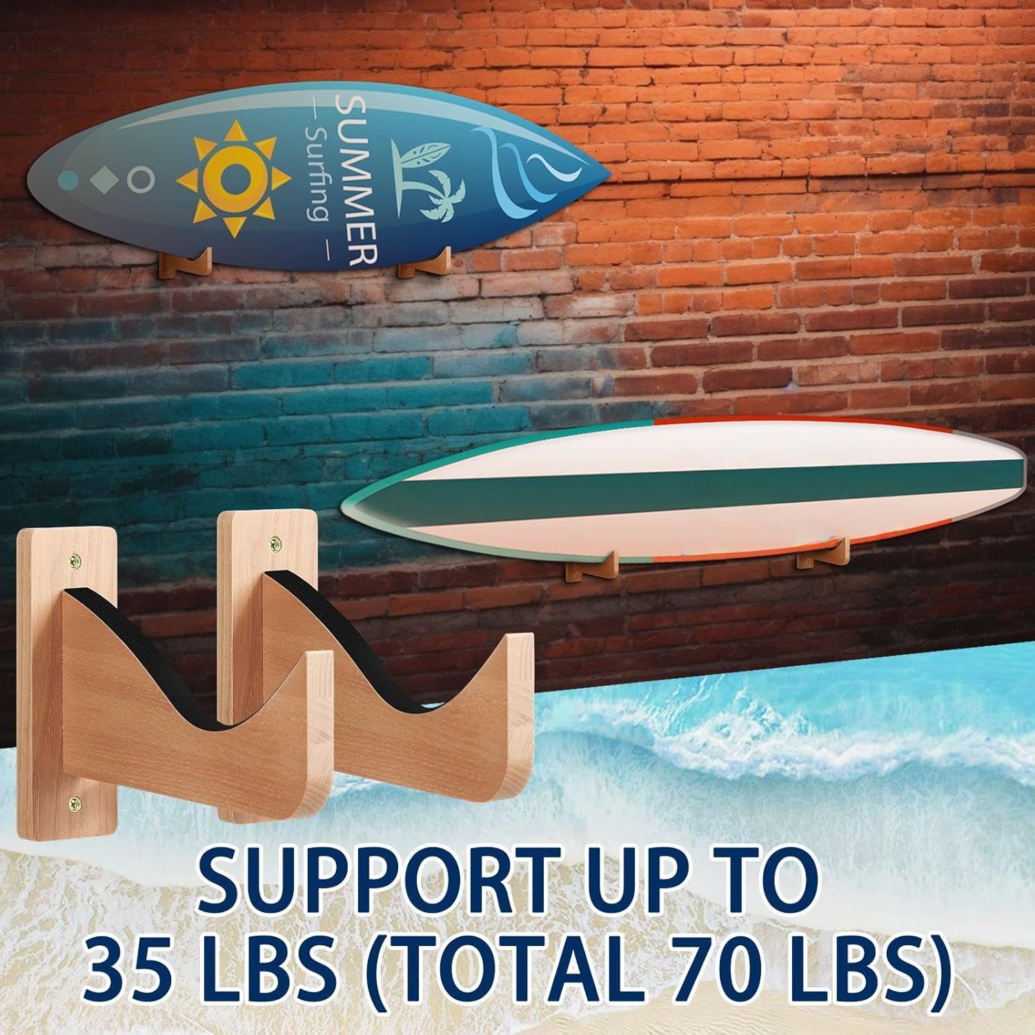 4 Pcs Wood Surfboard Wall Mount, Ash Surf Board Wall Hangers, Surfboard Racks Wooden Holder Hooks for Display Your Board, Surf Racks, Horizontal Hanger, Surfing Accessories