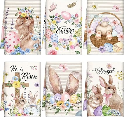 Breling Set of 6 Easter Kitchen Towels Happy Easter & He Is Risen (14 x 21 Inch)