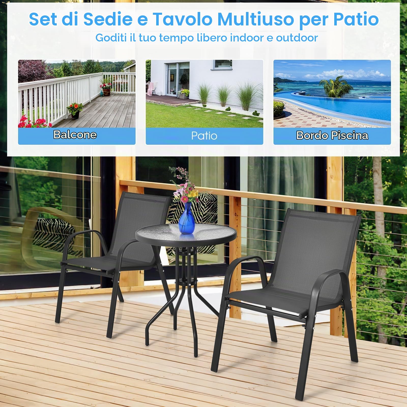 GYMAX Set Bistro da Esterno 3 Pezzi, 2 Poltrone e 1 Tavolino in Vetro Temprato, Telaio in Acciaio, per Giardino, Cortile, Balcone, Grigio