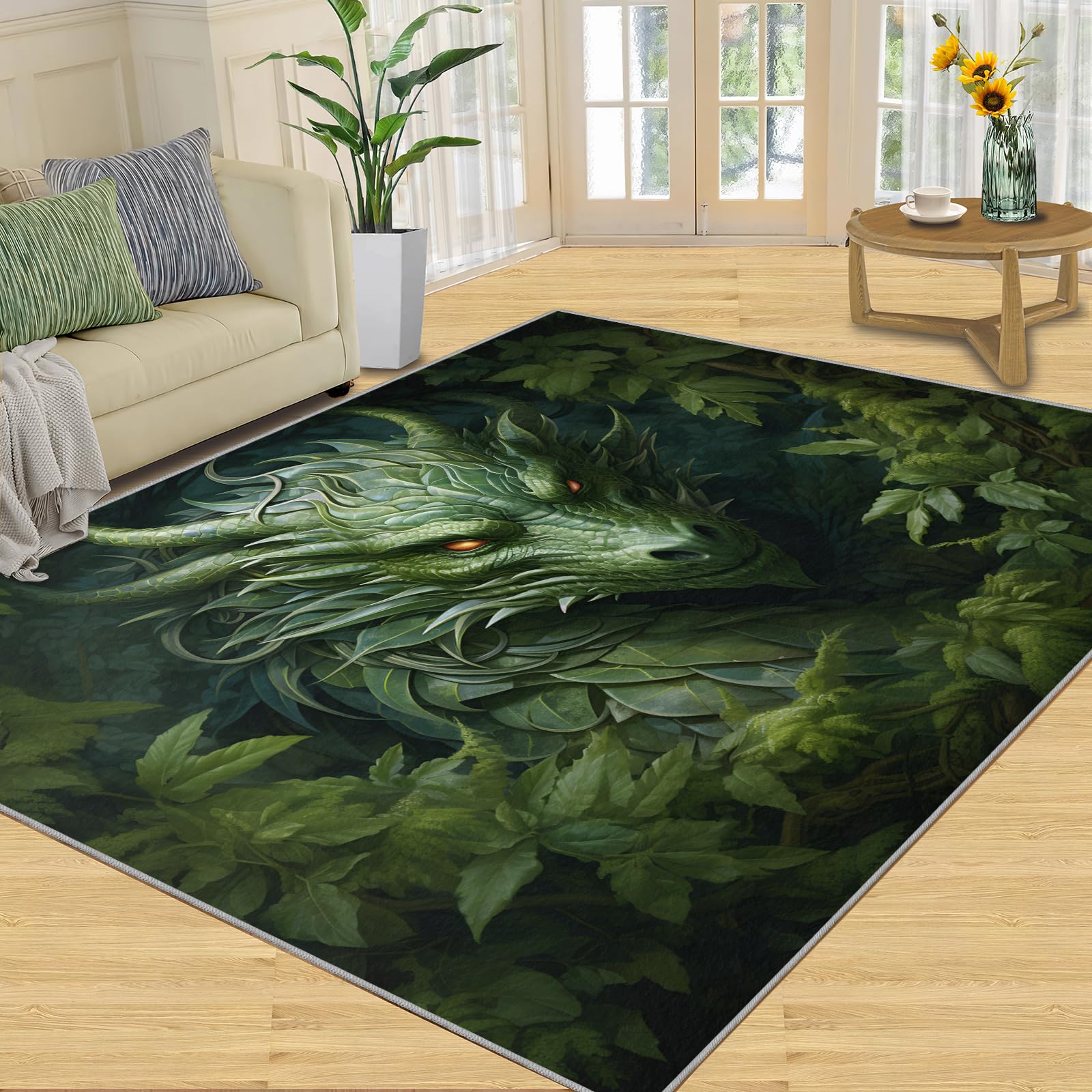 Forest Dragon Area Rug - 4x5 Washable & Non Slip Fantasy Animals Design Rugs for Bedroom, Soft Magical World Indoor Carpet for Kids, 3D Western Dragon