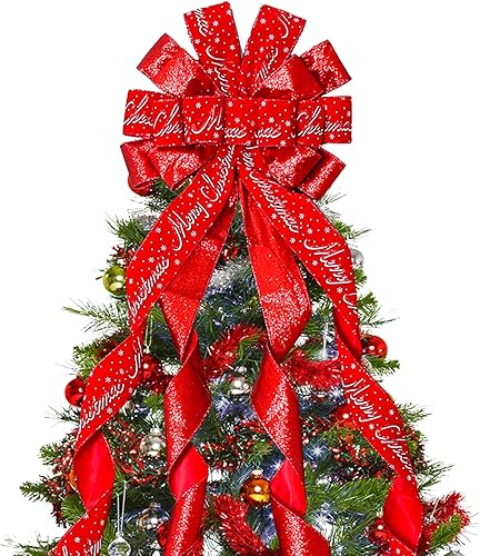 Vista 19 de Decoración para árbol de Navidad, lazo de corona de Navidad, 45 x 12 pulgadas, arpillera grande con borde de poliéster blanco y rojo, lazo de regalo