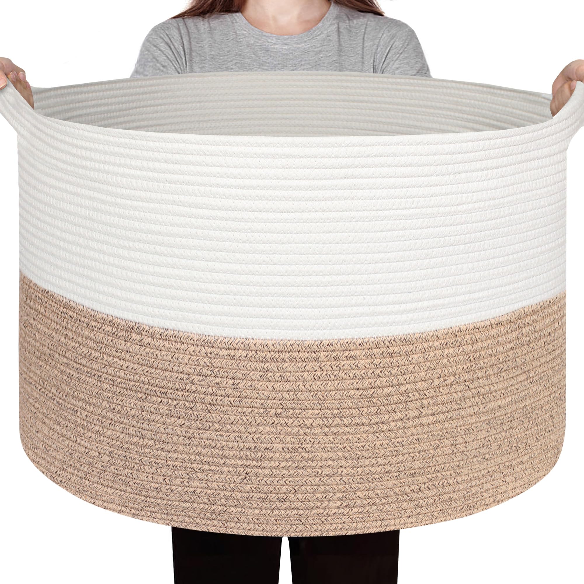 WILLITAT Large Woven Storage Basket, Cotton Rope Blanket Basket, Round Living Room Bedroom Decor, Baby Nursery Large Laundry Washing Basket for Clothes, 55x35cm, 83L, Brown